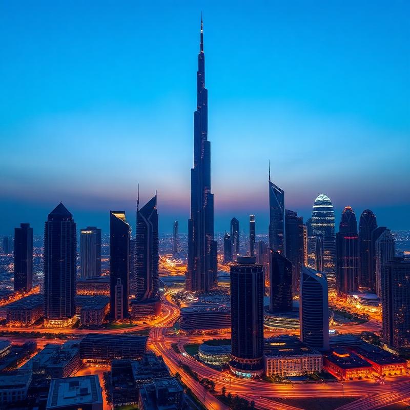 Dubai skyline at dusk with Burj Khalifa