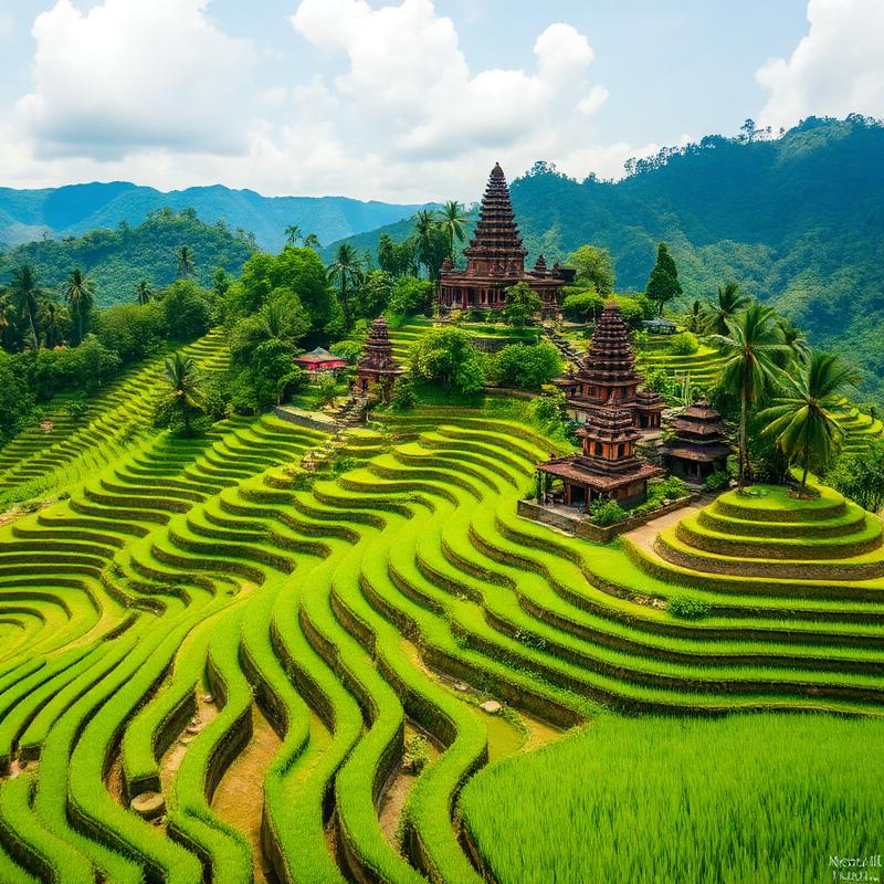 Lush green rice terraces and temple in Bali